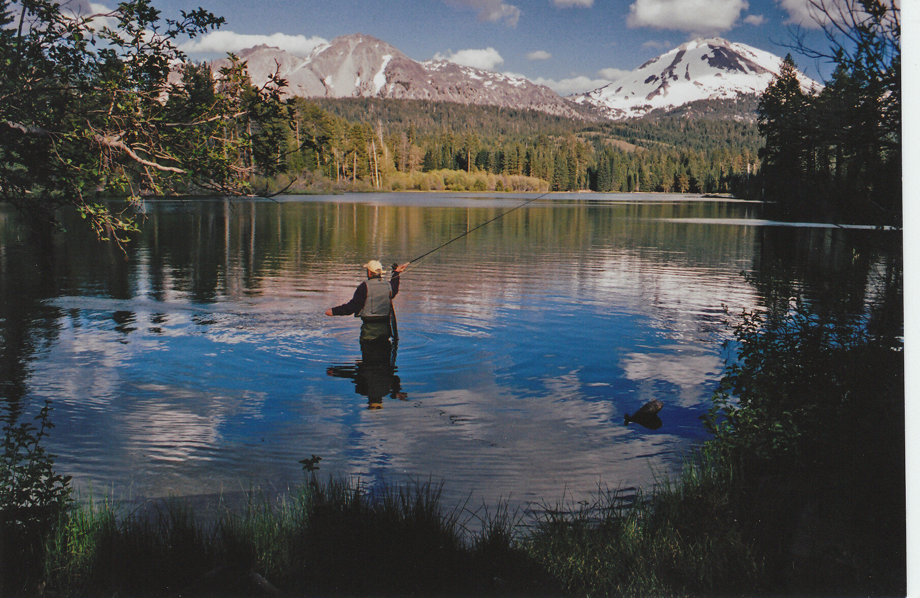 Fly fishing Manzanita Lake in Lassen Volcanic National Park. Lakes of Lassen Volcanic National Park