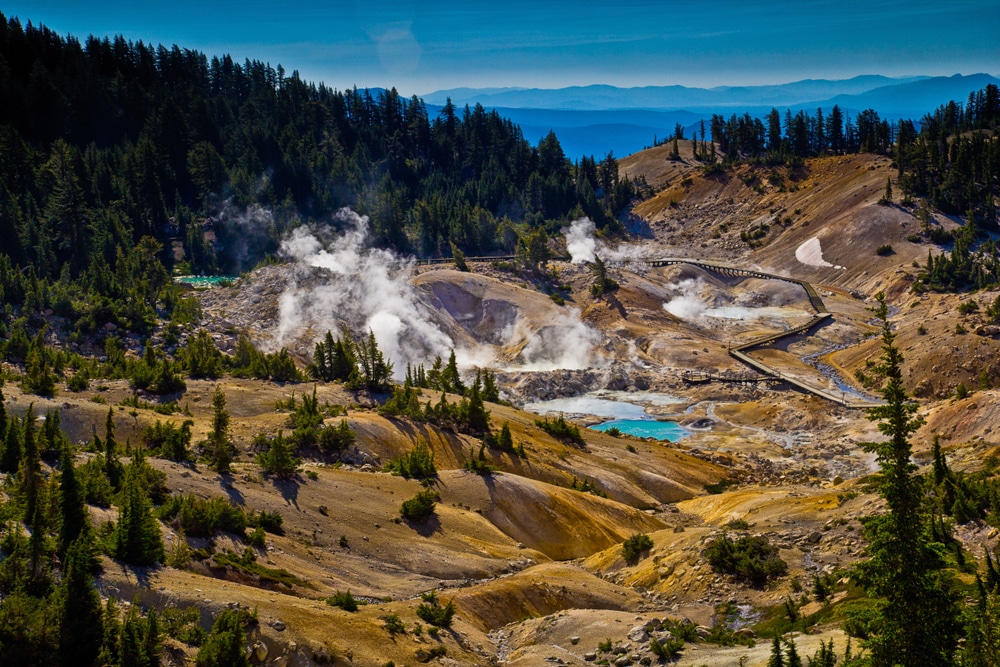 Hike to Bumpass Hell Hydrothermal Area in Lassen Volcanic National Park. The largest geothermal area west of Yellowstone. One of the 12 National and State Parks in California 