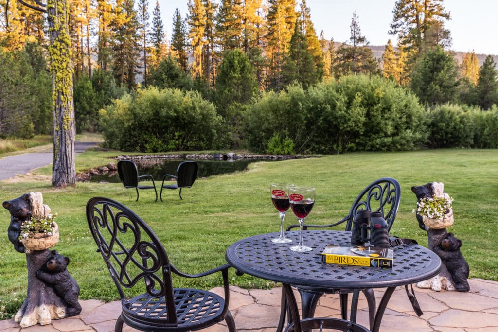 When you visit Lassen Volcanic Park, stay at the cozy St. Bernard Lodge. Pictured above: our beautiful grounds and patio for glass of wine after exploring the area.