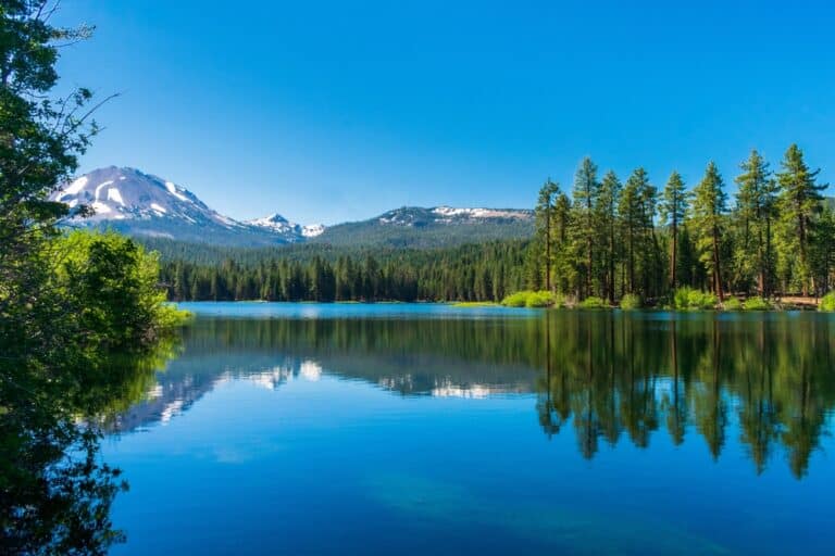 Lassen Peak reflection in Manzanita Lake in Lassen National Park, one of the best National Parks in California.