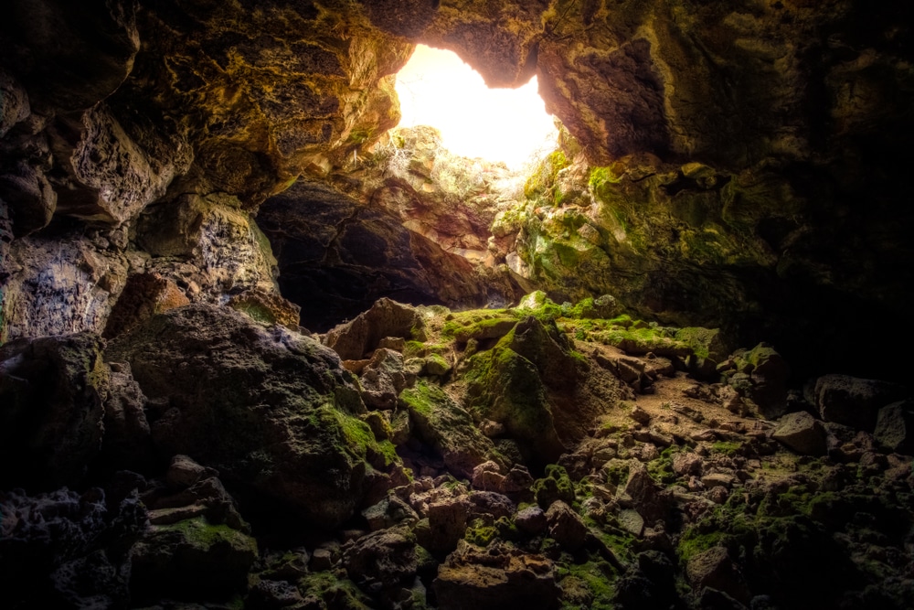 A Mossy Lava Tube Cave at Lava Beds National Monument in Northern CA.