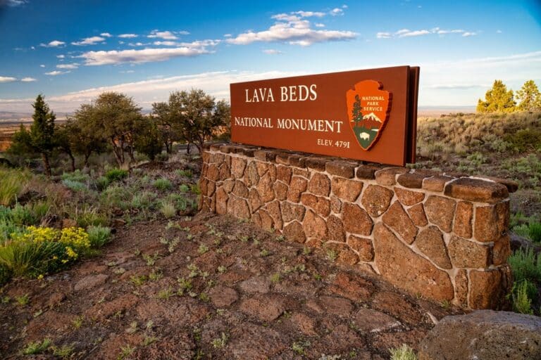 Welcome sign at Lava Beds National Monument Visitor Center.
