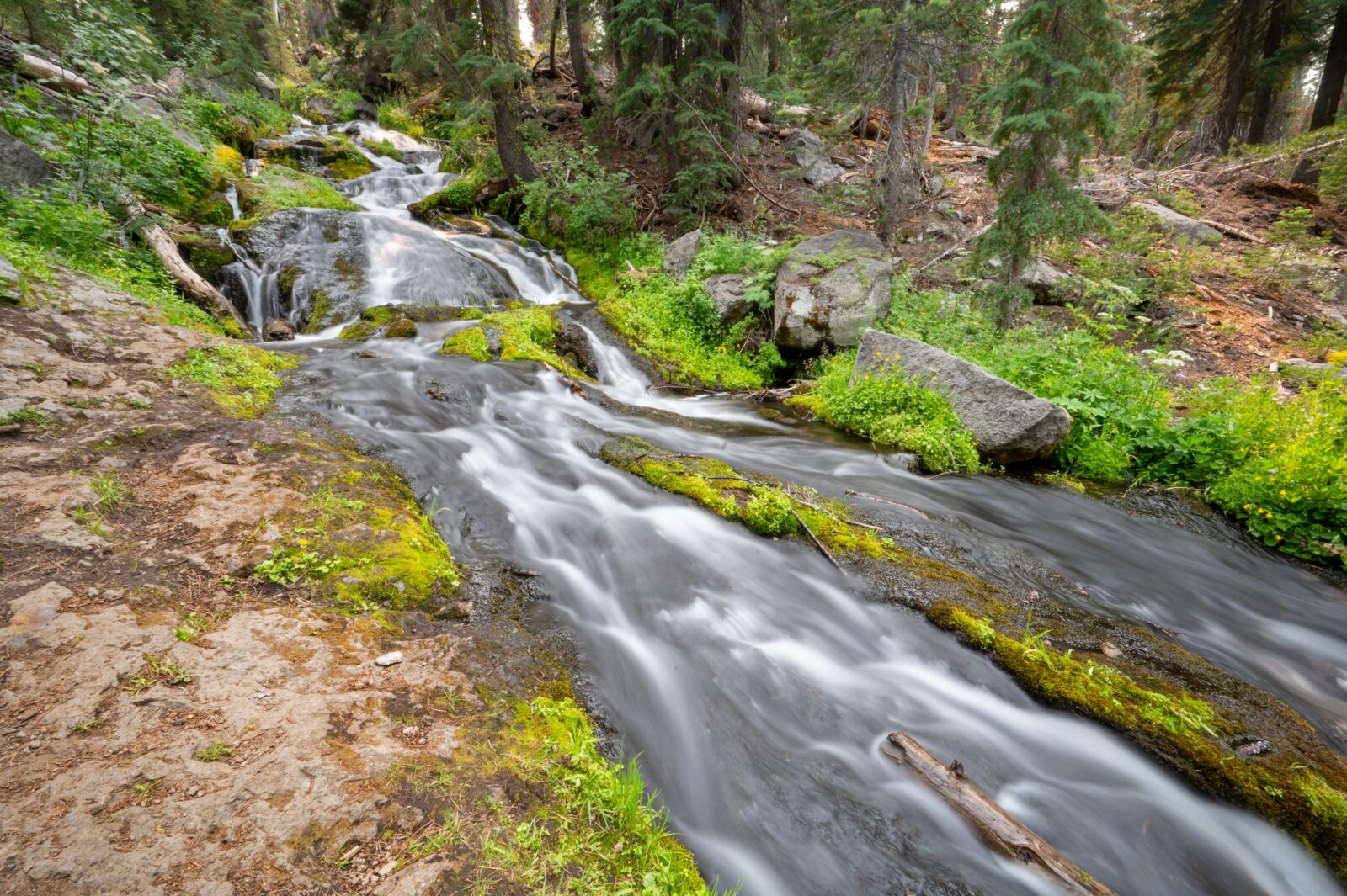 Waterfall in the forest along Hat Creek in Lassen Volcanic National Park.