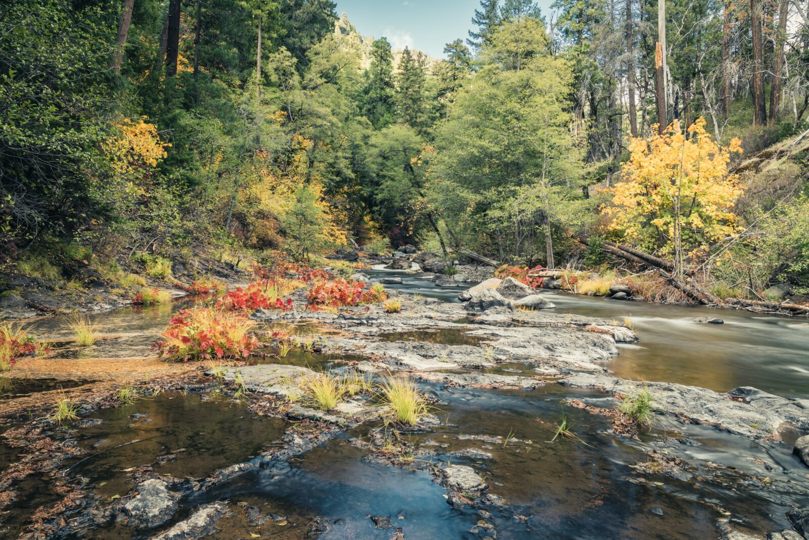 Deer Creek Falls surrounded by fall color and evergreen trees, a perfect spot to visit on fall getaways in Northern CA